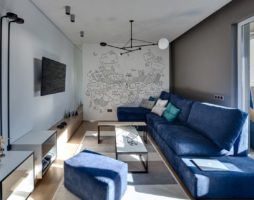 Современный дизайн длинной и узкой гостиной