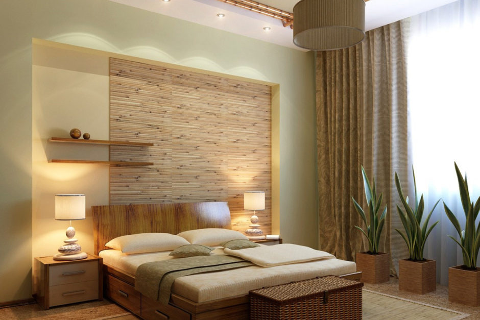Спальня с бамбуковыми обоями